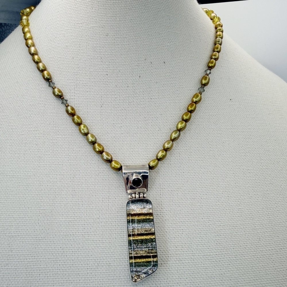 Rectangular Pendant Glass Mosaic Silver on Pearl & Crystal Necklace